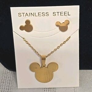 Disney Mickey Mouse Face Gold Tone Steel Pendant Necklace Stud Earrings Set
